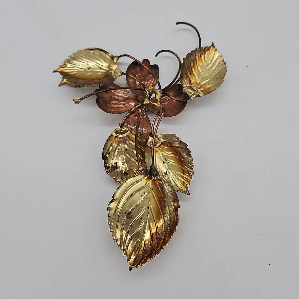 Gold Tone Brass & Copper Flower Roses Leaf Metal Wall Hanging Decor Set